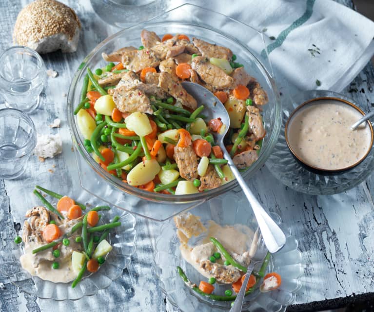 Emincé de veau mariné aux petits légumes