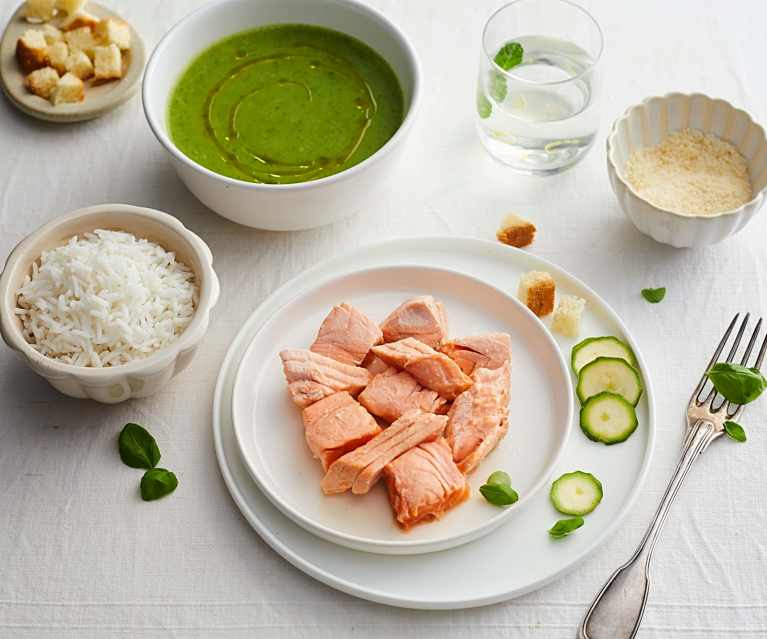 Bocconcini di salmone in crema di zucchine e riso