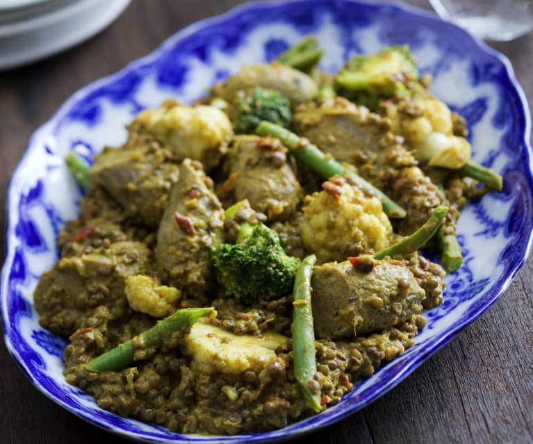 Curried sausages and lentils