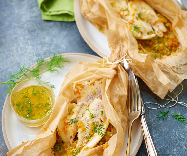 Papillote de merlan et semoule de légumes