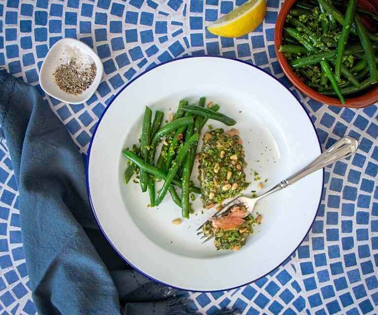 Lemon garlic salmon with green bean gremolata