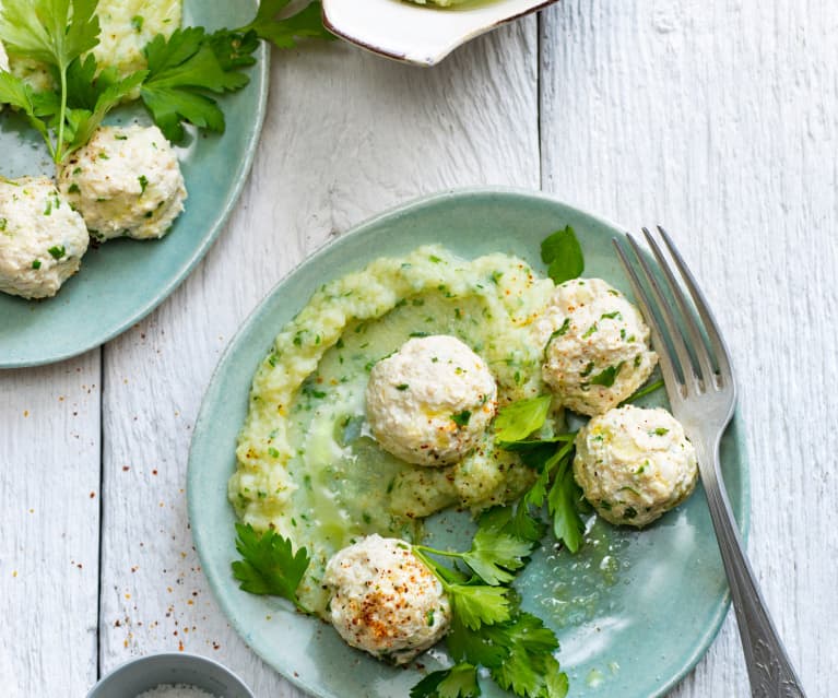 Boulettes de poulet, purée de céleri rave