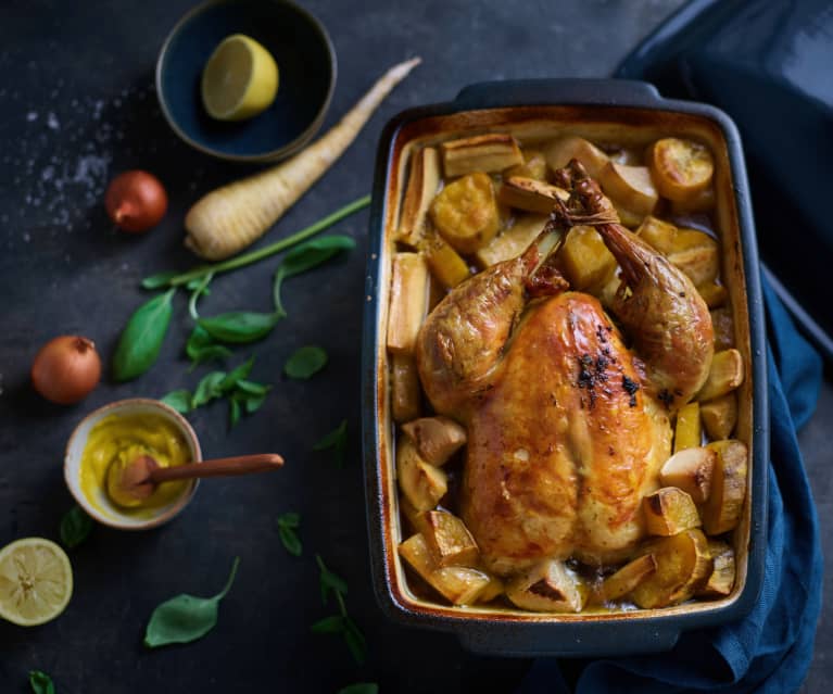 Frango com legumes e azeite de rosmaninho e manjericão