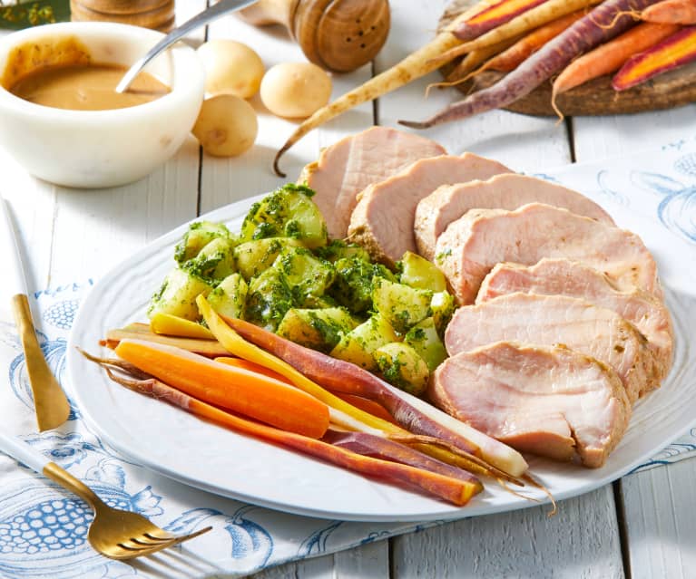 Pork Tenderloin with Carrots and Pesto Potatoes