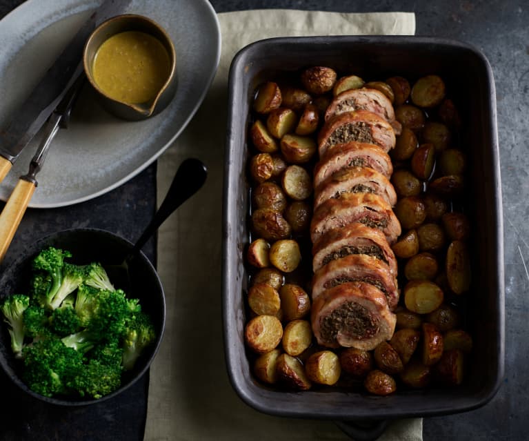 Pollo relleno de champiñones con patatas glaseadas