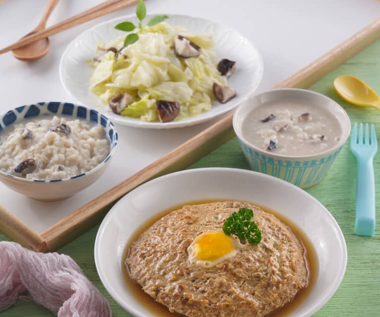 蒸肉糜、香菇高麗菜&蛋白雞蓉粥