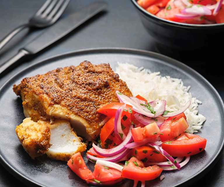 Nigerian-style Grilled Fish with Rice and Tomato Salad