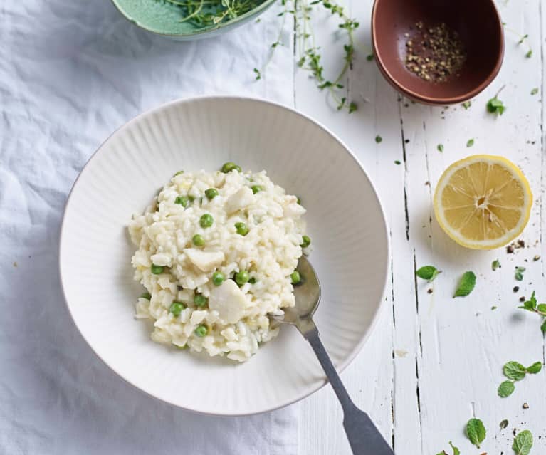 Kabeljau mit Erbsen-Minz-Risotto