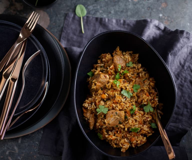 Pilaf de arroz salvaje con aguja de cerdo (Cocción de arroz)