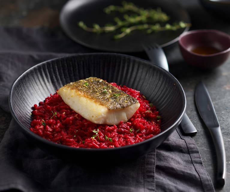 Sous-vide-Kabeljau mit Rote-Bete-Zitronengras-Risotto