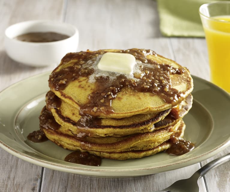 Pumpkin Pancakes with Praline Maple Syrup