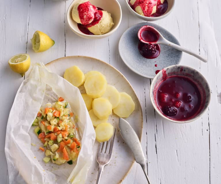 Steamed Turbot and Mixed Vegetable Parcels; Red Berry Sauce with Ice Cream