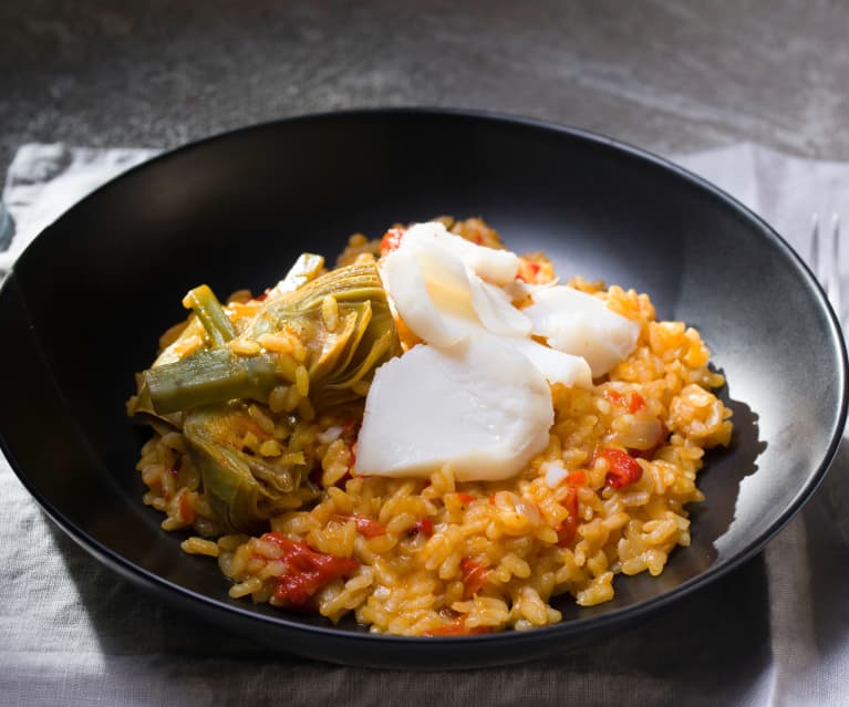 Arroz de alcachofas y bacalao (Cocción de arroz)