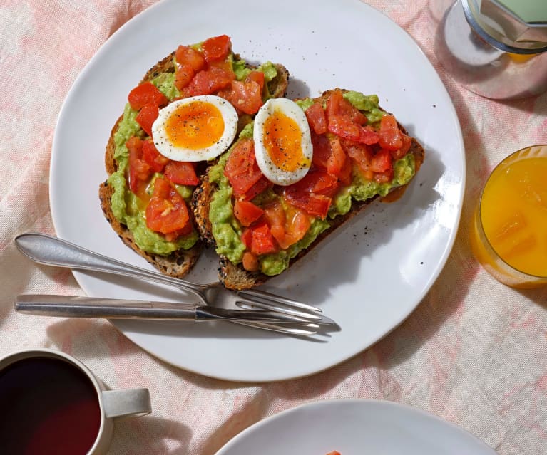 Smashed Avocado, Marinated Tomatoes and Boiled Egg on Toast