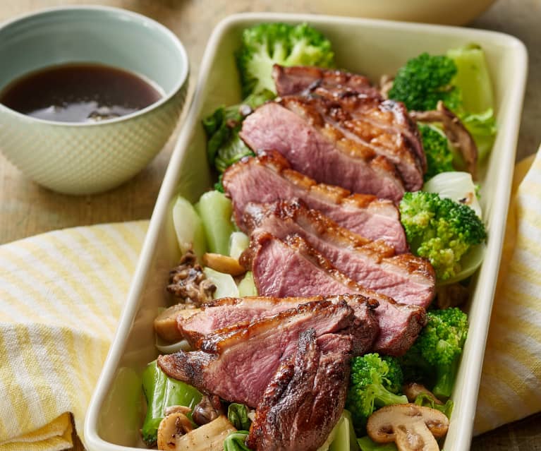 Five-spice duck with mushrooms, Asian vegetables and rice