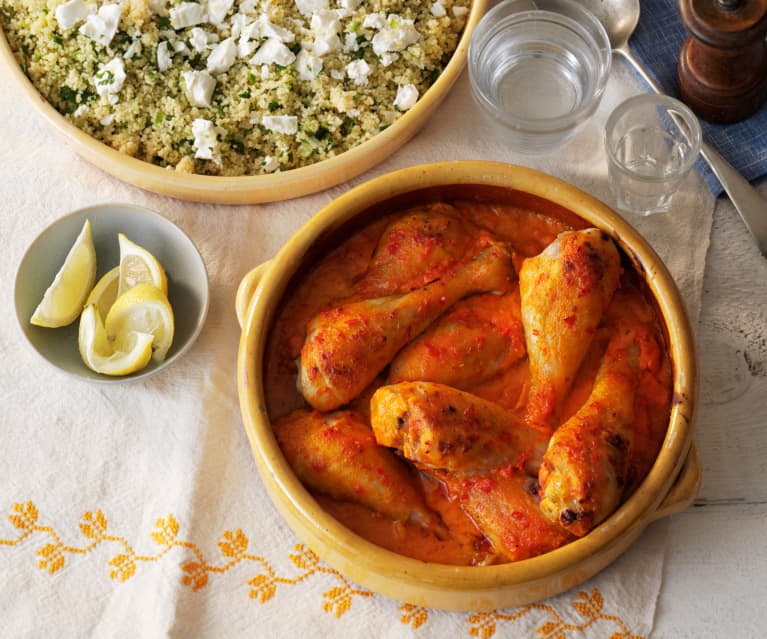 Pollo en salsa de pimiento con calabacita y cuscús de feta