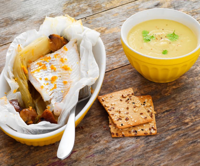 Soupe panais-poireau, poisson en papillote aux endives et châtaignes à l'orange