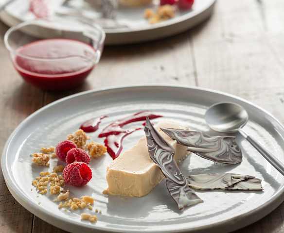 Peanut butter parfait, chocolate bark and raspberries