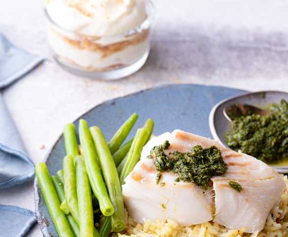 Menu: Peixe com feijão-verde, arroz pilau e mousse de limão e manjericão