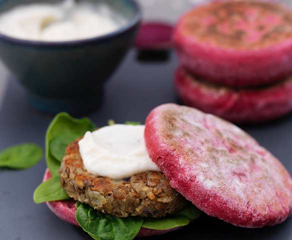 Lentil Burgers with Beetroot Rolls and Vegan Mayonnaise