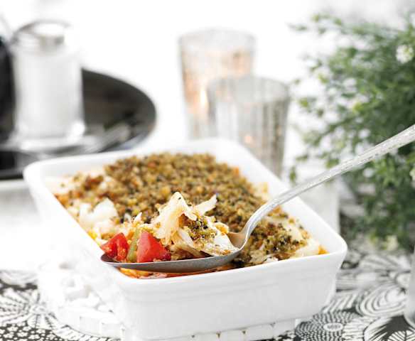 Crumble di merluzzo con pomodori e peperoni