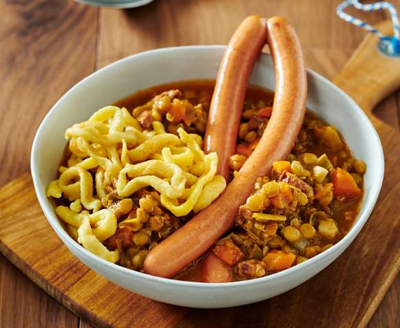 Linsen, Spätzle und Würstchen