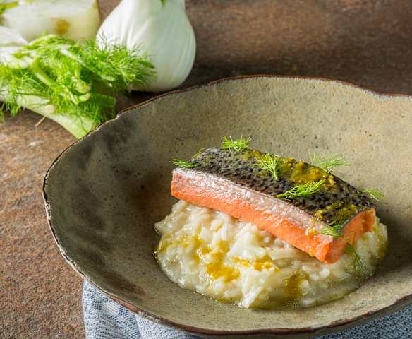 Lachsforelle auf Fenchel-Orangen-Risotto