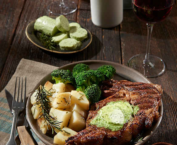 Sirloin Steaks with Herb Butter, Rosemary Potatoes and Broccoli