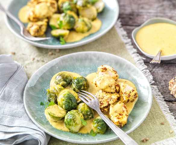 Poulet aux choux de Bruxelles, curry et moutarde