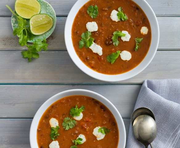 Black bean tomato soup with coriander lime cream Black bean tomato soup with coriander lime cream