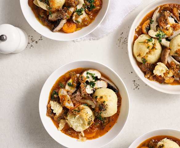 Rich mushroom stew with buttermilk dumplings