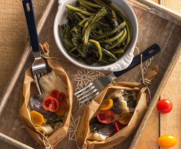 Cuore di merluzzo e contorno di cicoria