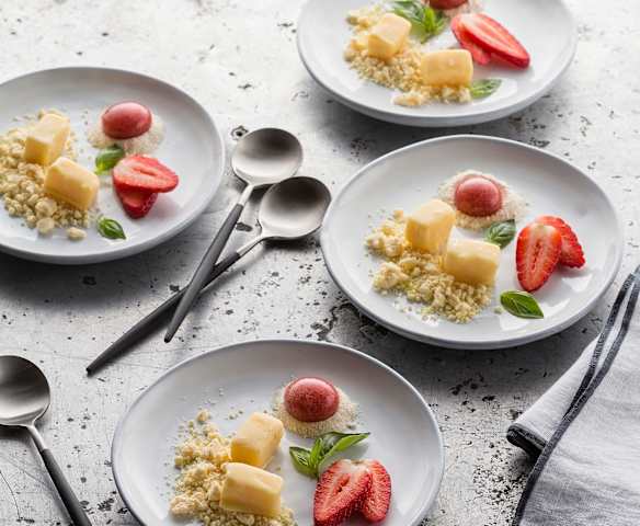 Mango truffles, strawberry spheres and white chocolate crumble