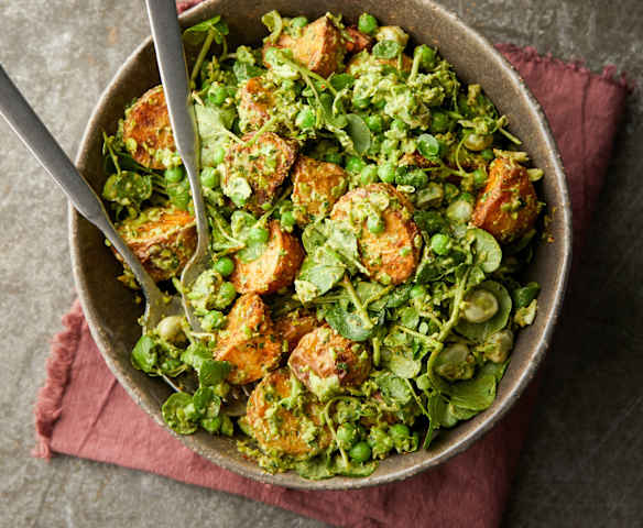 Spiced Potato Salad with Herb Yoghurt, Watercress and Peas