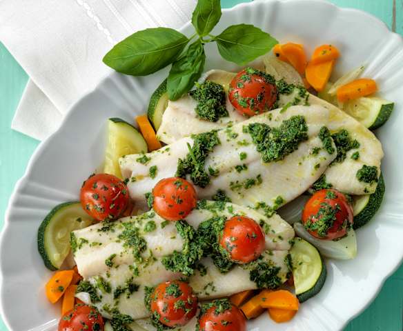 Trout with Pesto, Tomatoes and Vegetables