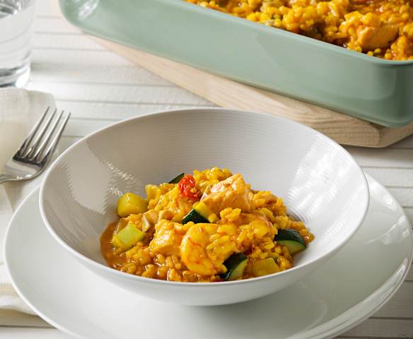 Arroz cremoso de gambones, salmón y verduras Arroz cremoso de gambones, salmón y verduras