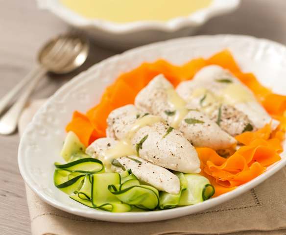 Zupa krem z pora i ziemniaków, polędwiczki drobiowe z sosem velouté