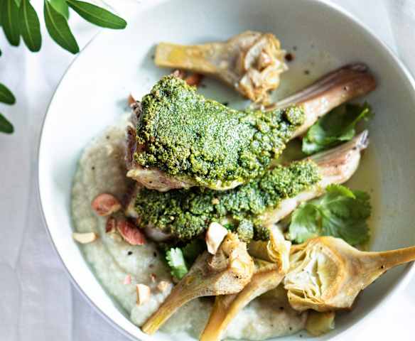 Côtelettes d'agneau et purée d'artichauts