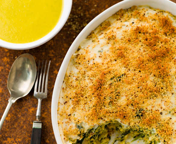 Cod and Spinach Gratin with Carrot and Courgette Soup