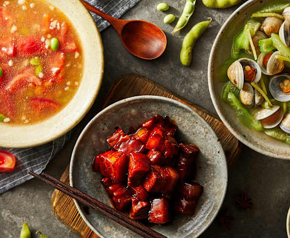 番茄肉末毛豆汤/红烧肉/蛤蜊蒸丝瓜