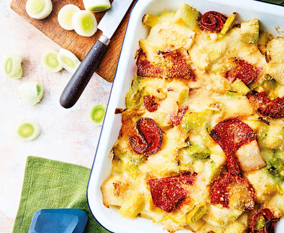 Gratin poireau-pomme de terre au chorizo et parmesan