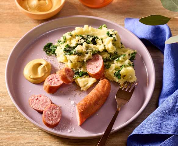 Grünkohl-Kartoffelstampf mit Mettwürstchen
