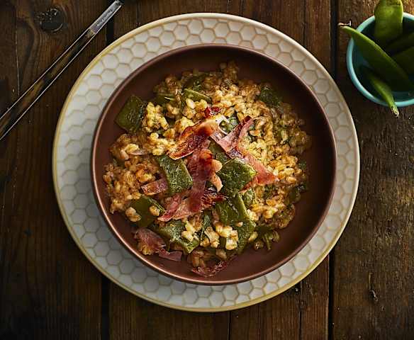 Farrotto taccole e prosciutto crudo