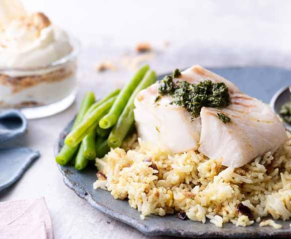 Menù: Filetti di pesce in salsa verde con fagiolini; riso pilau; mousse limone e basilico (Bimby Friend)