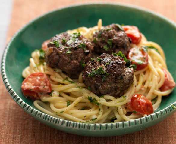 Spaghetti with Beef and Olive Meatballs