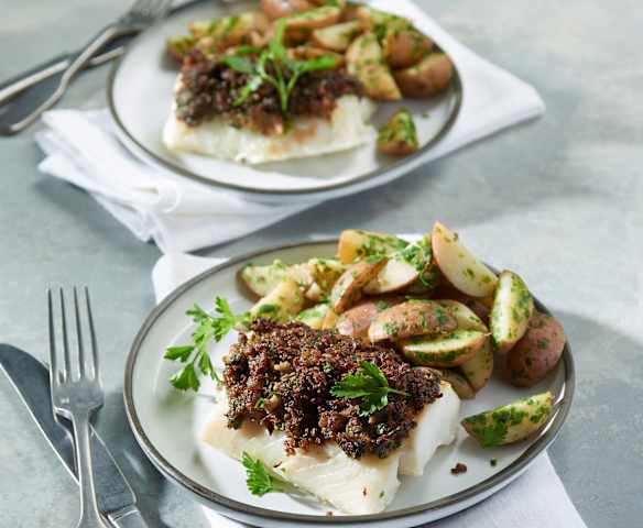 Cod with Crispy Bacon and Parsley Potatoes