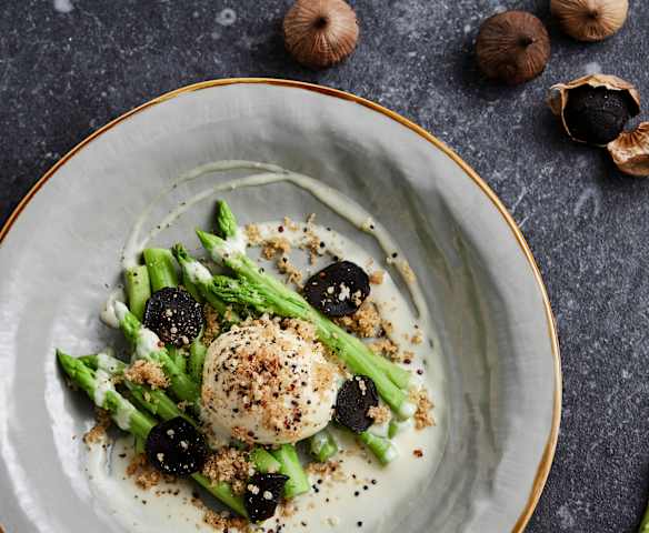 芦笋配帕玛森奶酪酱及黑蒜、苋菜籽