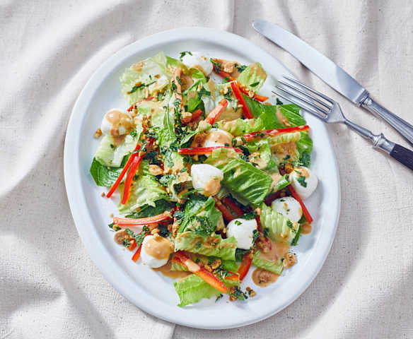 Römersalat mit Erdnuss-Sambal-Dressing und Mozzarellabällchen