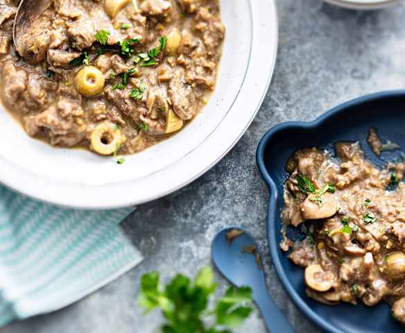 Baby-friendly Beef, Mushroom and Olive Stew