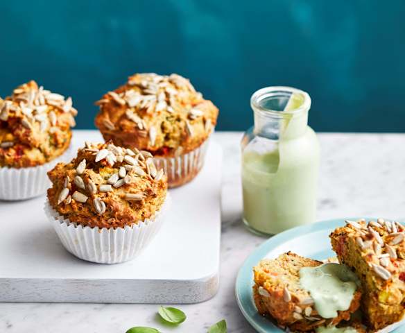 Lupin, corn and tomato muffins with basil yoghurt (Diabetes)